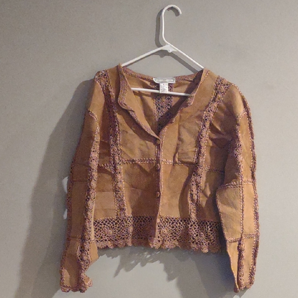 S.M.H.‎ Brown Crochet Trim Leather Patch Button Up Crop Jacket Women's Small